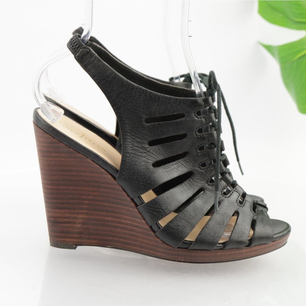 Cole Haan Womens Haven Sandals Size 8 Black Leather Gladiator Lace Up Wedge Heel